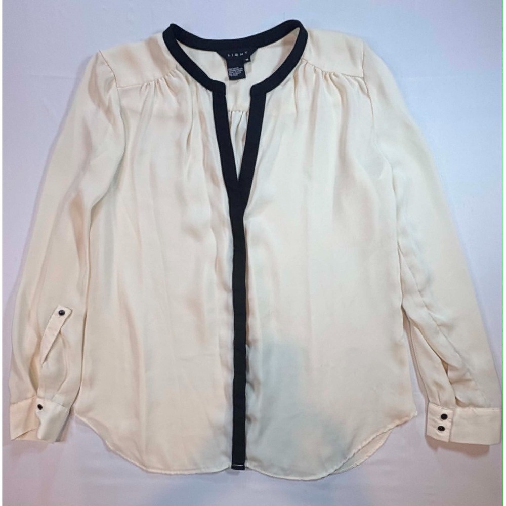 LIGHT Brand Women's Medium Blouse Cream Ivory Contrast Black Trim V Neck Top M